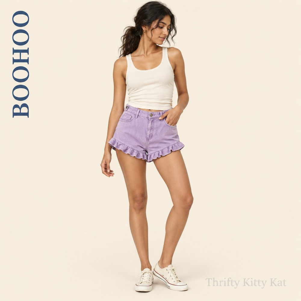 Boohoo High Rise Ruffle Hem Denim Shorts Side Snap Lilac Purple Cotton Y2K 8